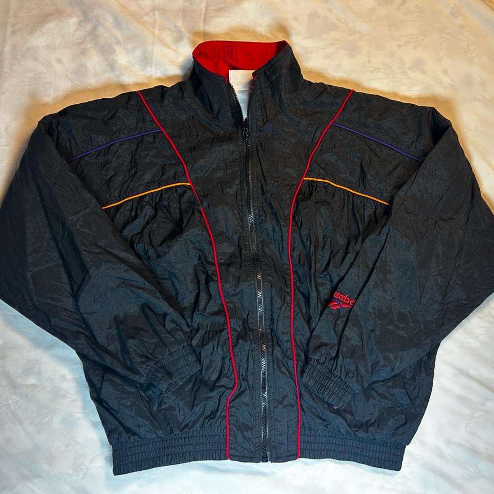 Vintage Reebok Windbreaker Jacket Black Red Colorblock Zip-Up Small